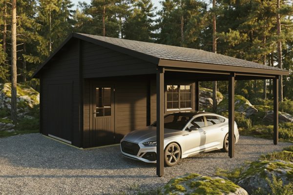 Apple garage and carport 44mm log cabin, log cabin company UK, garden room, wooden garden cabin, garden retreat