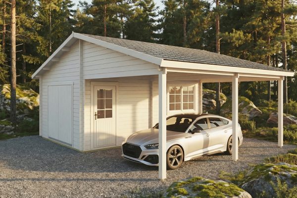 Apple garage and carport 44mm log cabin, log cabin company UK, garden room, wooden garden cabin, garden retreat