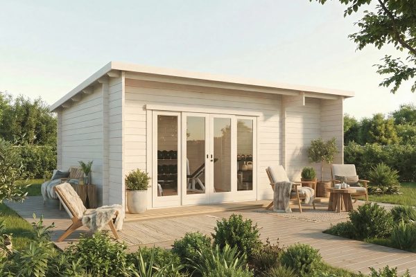 Buckthorn luxury garden cabin, 44mm log cabin, log cabin company UK, garden room, wooden garden cabin, garden retreat