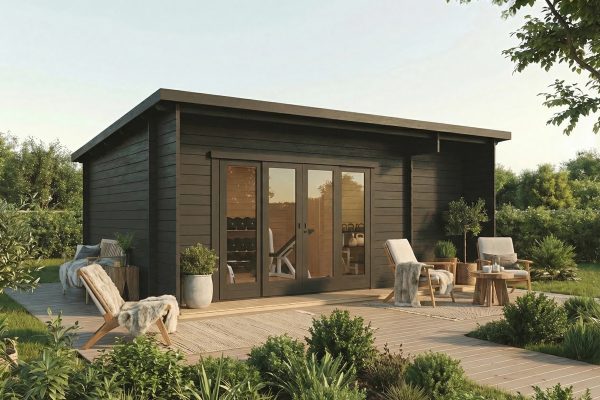 Buckthorn luxury garden cabin, 44mm log cabin, log cabin company UK, garden room, wooden garden cabin, garden retreat