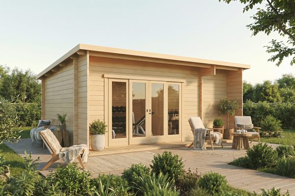 Buckthorn luxury garden cabin, 44mm log cabin, log cabin company UK, garden room, wooden garden cabin, garden retreat