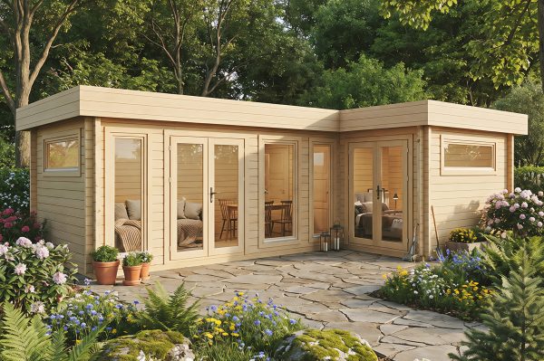 Burnet, This large 2 room summer house is made from thick 70mm logs, with large double glazed windows and doors. Perfect as a summer home or garden room