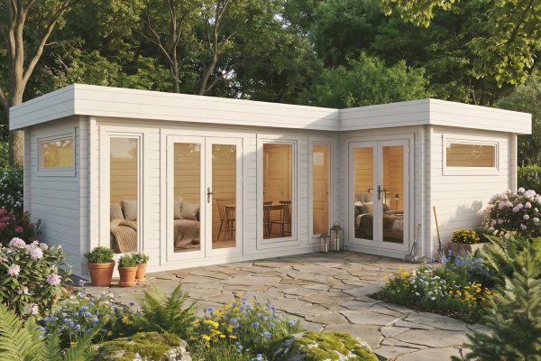 Burnet, This large 2 room summer house is made from thick 70mm logs, with large double glazed windows and doors. Perfect as a summer home or garden room