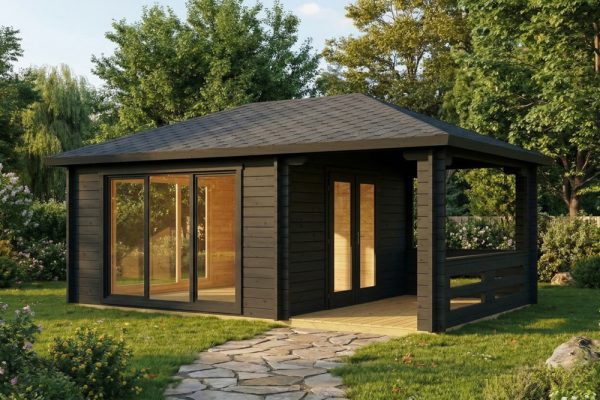 Hazel 44mm log cabin, log cabin company UK, garden room, wooden garden cabin, garden retreat