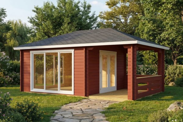 Hazel 44mm log cabin, log cabin company UK, garden room, wooden garden cabin, garden retreat