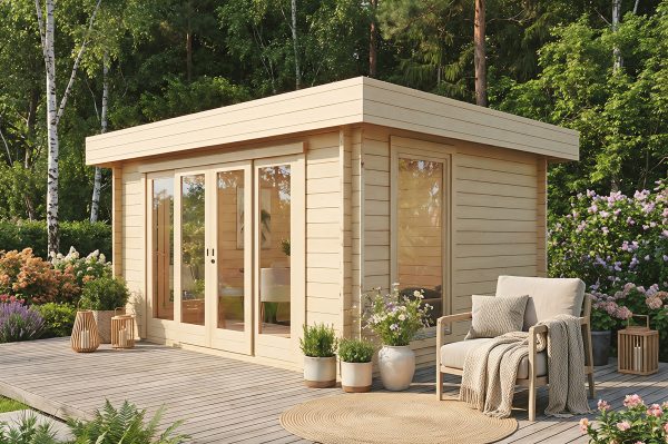 Privet luxury garden cabin, 44mm log cabin, log cabin company UK, garden room, wooden garden cabin, garden retreat